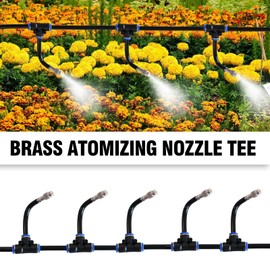 VIKKSAER 5 Pack Brass Misting Nozzle Tee, w/ 0.32 in Dia Built in Hose for Outdoor Watering System, Adjustable 360° Rotation Nozzles, Water Mister Nozzles Thread Sprayer 0.043 inch (1.1 mm)