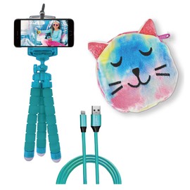Skylar 3-Piece Smartphone Accessory Kit for Kids – Flexible Tripod, 6ft. Charging Cable, Plush Cat Carrying Case (Lucky Kitty) – Vlogging, Influencer Kit for Kids