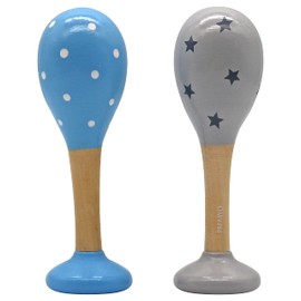 PREMYO Rassel Baby Musik Spielzeug - Holzspielzeug Maracas Babyspielzeug - Punkte Sterne Blau Grau