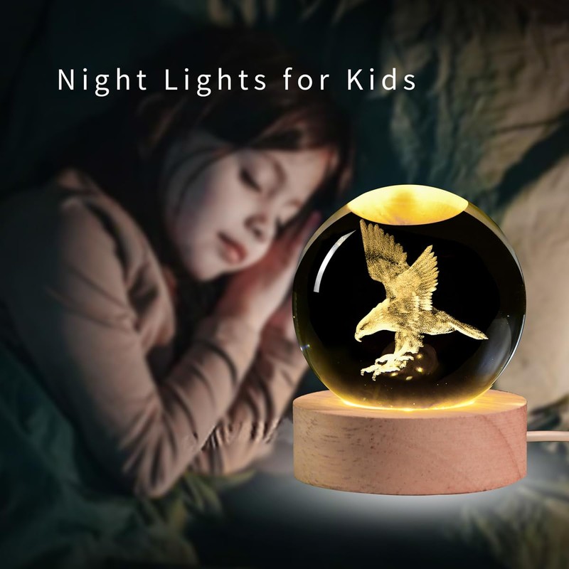 3D Laser Engraved Eagle Crystal Ball, Animal Figurine Decor Glass