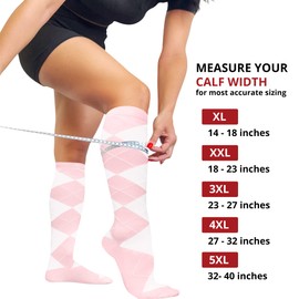 BAMS - Calcetines de compresión de talla grande de pantorrilla ancha XL XXL XXXL - Soporte graduado hasta la rodilla, viscosa de bambú fácil de poner y quitar, Rombos rosados, XXL
