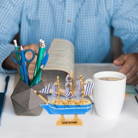 Wooden Sailboat Model Decor Pirate Ship Antique Nautical Model Building Woodcraft Construction Kit Boat Gifts For Adults Kids 4inch,Blue