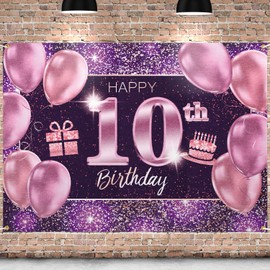 PAKBOOM Happy 10th Birthday Banner Backdrop - 10 Birthday Party Decorations Supplies for Girls - Pink Purple Gold 4 x 6ft
