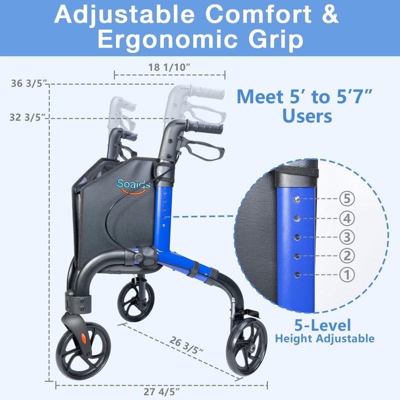 Soaids 3 Wheel Walkers for Seniors, Lightweight Foldable Rolling Rollator