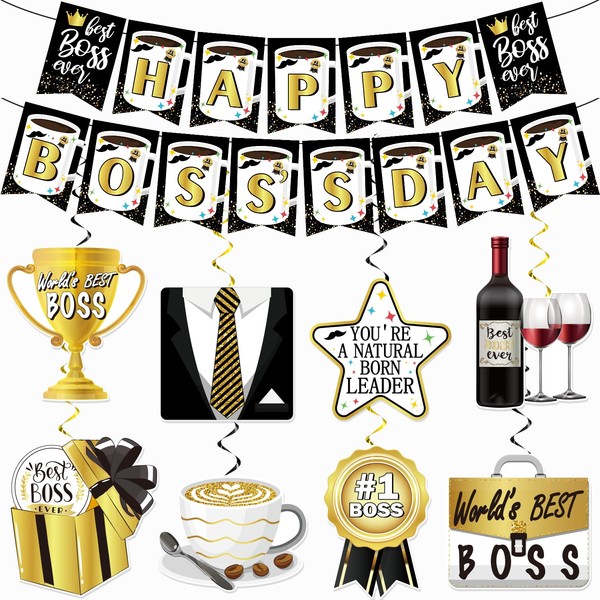 Boss Day Decorations, Boss Day Banner, Happy Boss Day Decorations Hanging Swirls, NO-DIY Boss Day Decorations for Office, Black Gold Bosses Day Decorations for Men Happy Boss Day Decorations