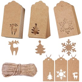 150 Pcs Christmas Gift Tags with String, Christmas Name Tags for Gifts, Christmas Tags Hang Labels Paper Tags Kraft with Christmas Tree, Snowflake, Elk Patterns with 10 m Twine for DIY Xmas (Brown)