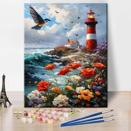 TUMOVO Paint by Numbers for Adults, Lighthouse Paint by Number, Poppies Sky Color by Number, Adult Paint by Number Kits On Canvas, Oil Painting Kits DIY Craft Kits for Adults, 16 x20 Inch
