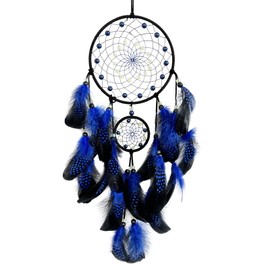SOYUZU Blue and Black Dream Catcher Wall Decor Feather Dream Catchers with Luminous Bead Handmade Dreamcatcher Wall Hanging Ornament for Bedroom Living Room Home Decor