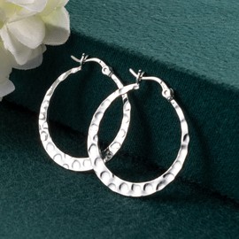 Lancharmed Sterling Silver Hammered Earrings for Women Lightweight Large Silver Hoops Hypoallergenic Jewelry 30MM
