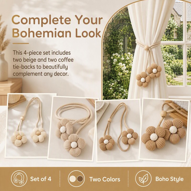 VLUNT 4 Pack Wooden Floral Beaded Curtain Tie Backs Rope