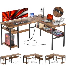 Hyomdeck Reversible L Shaped Computer Desk with Power Outlets and USB Charging Ports, Sturdy Corner Desks with Storage Shelf, Modern Work Gaming Table for Home Office, Easy to Assemble, Rustic Brown