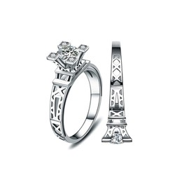 BaiLing Fashion Anillo de Boda Chapado en Oro Blanco Estilo Solitario Eiffel Tower con circonita cúbica AAA Redonda, Anillo de Compromiso, joyería de Moda para Mujeres