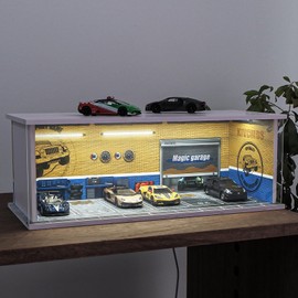 kivcmds 1:64 Scale Car Model Display Case for Hot Wheels,Matchbox Cars,Parking lot with Lights(Repair Store Scene Contains 6 Parking Spaces)