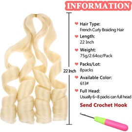 Xtrend 8 Packs Blond French Curly Braiding Hair 22 Inch Pre Stretched Wavy Braiding Hair Hot Water Setting Yaki Texture Synthetic For Spanish Curly Braiding Hair For Women Extensions（22 Inch,613#）