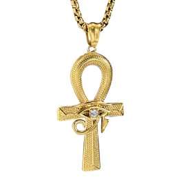 bahamut Egyptian Ankh Cross Pendant Necklace with Eye of Horus, Stainless Steel, Silver, Vintage Style Amulet (Gold Ankheye)