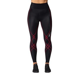 CW-X Women's Standard Stabilyx 3.0 Joint Support 3/4 Capri Compression Tight, High-Rise Leggings with Back Phone Pocket for Running, Black/Lava