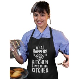 ShopINess Funny Unisex Chick Apron with Humorous Saying Adjustable with 3 Pockets for BBQ Parties Celebrations with Friends Black, What happens in the kitchen stays in the kitchen, One size fits all