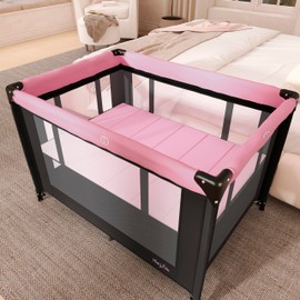 Dream On Me Zazzy Portable Playard with Bassinet - 360° Mesh Visibility, Quick Folding Travel Friendly Design, Carry Bag and Foldable Mattress Pad Included, Compact and Lightweight - Pink