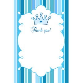 30 Blank Thank You Cards Blue Prince Birthday Party Baby Boy Shower Stripes Design + 30 White Envelopes