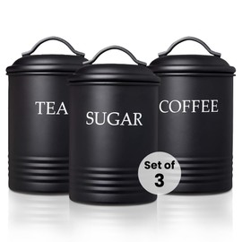 Steelware Central Kitchen Canister Set of 3 Sugar Coffee Tea with lids Food Storage, Black