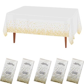 5 Pack Disposable Plastic Tablecloths,White and Gold Polka Dot Style Party Tablecloth for Rectangle Tables for Yard BBQ,Parties,Wedding,Anniversary and More 137cm x 274cm