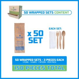 WOODABLE Disposable & Backyard Compostable Wooden Wrapped 3pc Set (Fork, Knife, Spoon & Napkin), Eco-Friendly, Sustainable, Organic, Biodegradable, Vegan-Friendly, 1 Count