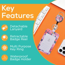 Will Well ID Badge Holder with Retractable Lanyard, Retractable Badge Reel Nylon Lanyard & Vertical ID Card Holder with 1 Card Slot Key Chain for Men & Women - Floral Print