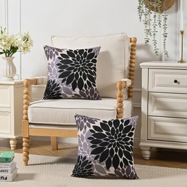 Jayusaror Cushion Cover 45 x 45 cm Black and Grey Dahlia Summer Sofa Cushion Autumn Decorative Cushion Cover Flowers Outdoor Cushion Cover for Couch Sofa Living Room Cushion Covers, Set of 2