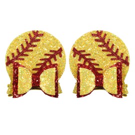2pc Glitter Yellow Softball Cheer Bow Hair Clips 3in Sparkly Baseball Mouse Ear Alligator Pins Accessories for Cheerleader Teen Girl Kids Women Mom Sports Game Day Party Gift