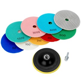 QWORK® Wet Diamond Sanding Pad 125 mm with M14 Rubber Backing Plate Grit 50-10000 for Tiles, Stone, Concrete, Marble, Granite, Pack of 9