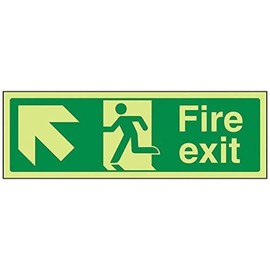V Safety Glow in the Dark Fire Exit Arrow Up Left Sign - 300 mm x 100 mm - Rigid Plastic Safety Sign