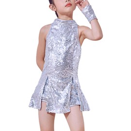 LOLANTA Girls Dance Costume, Kids' Sequins, Glitter, Hip Hop Dance, Clothes, 4 Piece Set, 4 Piece Set, 4 Piece Set, 43.3 - 63.0 inches (110 - 160 cm), Silver
