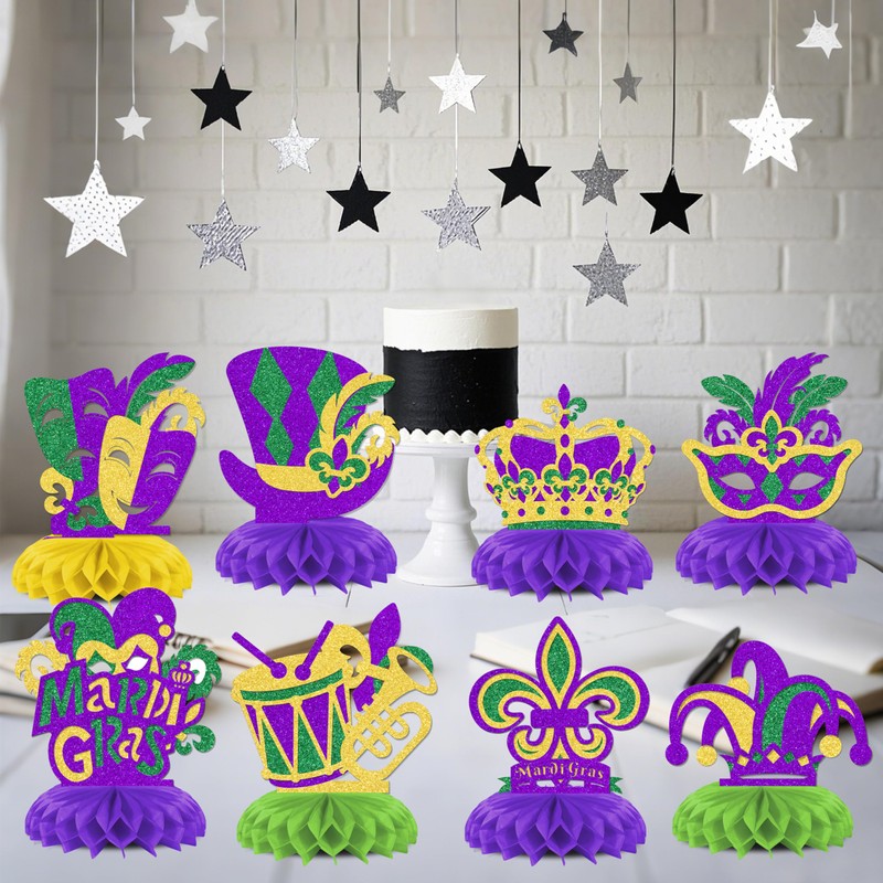 KEWUFD 8PCS Happy Mardi Gras Honeycomb Centerpieces Mardi Gras Decorations