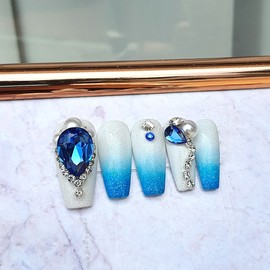 Blue Pearl Handmade Nail Tips - Ballerina M / 블루 펄 수제네일팁 - 발레리나M