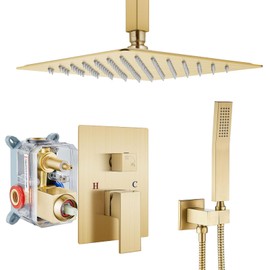Airuida 12 Inch Square Brushed Gold Shower Faucets Sets, Ceiling Mount Shower Head SUS304 2-Functions Rainfall Shower System Handheld Sprayer Shower Set Contain Pressure Balance Rough-In Valve