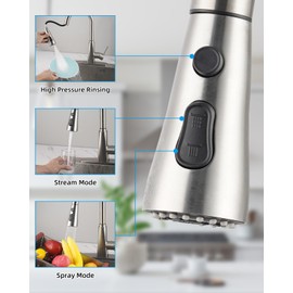 Hibbent Stainless Steel Pull Down Spray Head Replacement with 15 Adapters, NSF/ANSI/CAN 61 & CUPC Certified 3-Function Kitchen Faucet Nozzle, Compatible with Moen, Delta, Kohler Faucet, Brushed Nickel