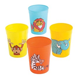 Fun Express Zoo Animal Plastic Cups, Set of 12 Tumblers, Each Holds 10 oz, BPA Free Plastic, Birthday and Party Supplies, Multi-Color
