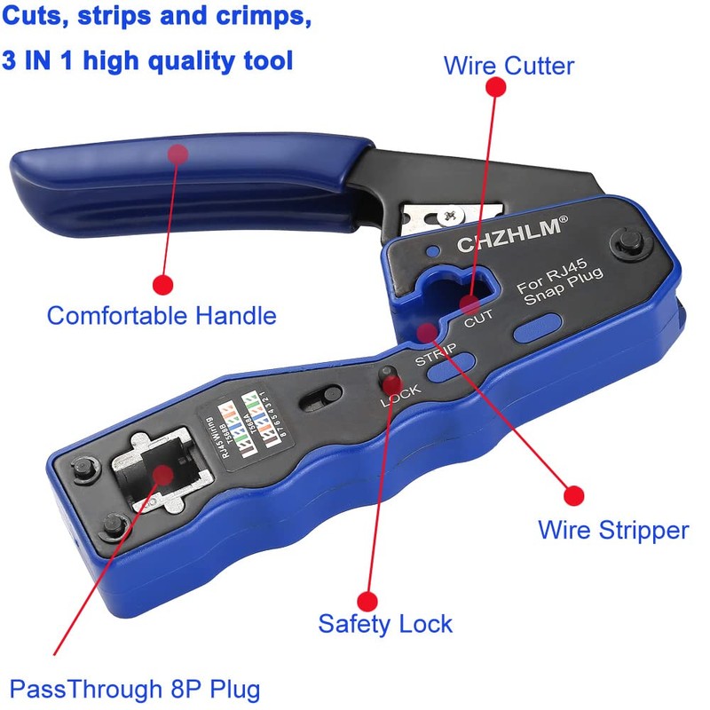 CHZHLM RJ45 Crimping Tool Kit Pass Through Crimper Stripper Cutter