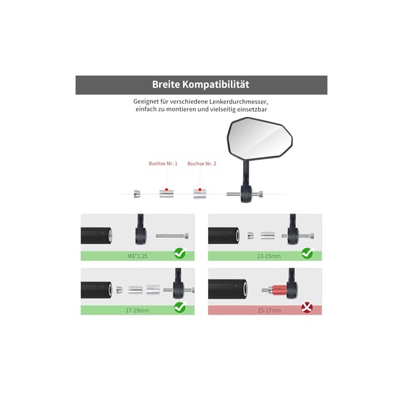 evermotor Motorcycle Handlebar End Mirrors, Motorcycle Mirrors E-Approved, 360° Rotation,