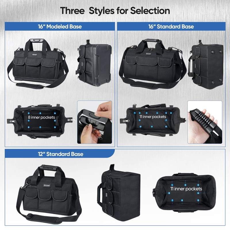 TICONN 12in Tool Bag with Waterproof Soft Bottom, Multi-Pockets Wide