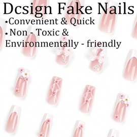 Long Press on Nails White French Tip Long Fake Nails Coffin Press on Nails Square False Nails with Flower&Bow Charm Design Acrylic Nails Press on Artificial Nails Stick on Nails For Women Girls 24Pcs