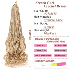 RuiYok 9 Packs 24 Inch French Curl Crochet Braids Mix Blonde Goddess Box Braids with Curly Ends Synthetic Pre Looped Crochet Hair for Women