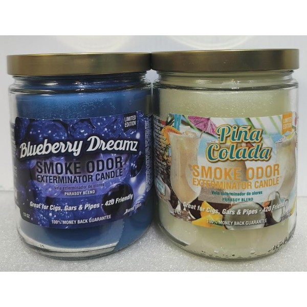 Smoke Odor Exterminator 13 oz Jar Candle, Blueberry Dreamz, Set of 2 Candles. Includes Blueberry Dreamz & Pina Colada.