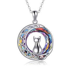 POPLYKE Cat Necklace Sterling Silver Black/White Heart/Moonstone/Crystal Irish Jewellery Gifts for Women, Sterling Silver, Abalone