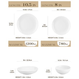 MALACASA 24-Piece Gourmet Porcelain Dinnerware Sets, Modern White Round Dish Set for 6 - Premium Serving Plates and Bowls Sets for Dessert, Salad, Soup, Pasta - Series AMELIA