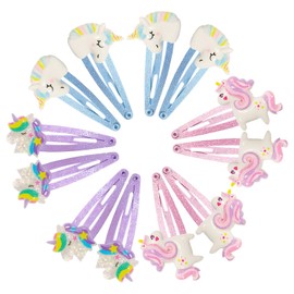 Girls' Unicorn Hair Clips, Pack of 12, Unicorn Hair Clips, Multicoloured Hair Clips, Unicorn, Suitable Gift for Girls, Children, Babies (Pink, Blue, Purple)