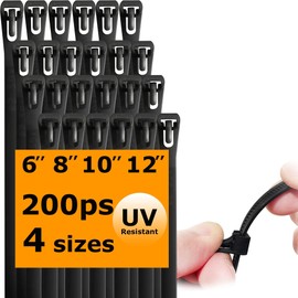 WISLIGHT 200 Pack Reusable Releasable Adjustable Zip Ties 6+8+10+12 Inch UV Resistant, Self-locking Nylon Cable Ties Wire Wraps for Indoor or Outdoor Use, Non Slip Off Heavy Duty Electrical Cable Ties