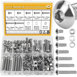 150 Pieces M6 Screws Nuts Washers Set, Sutemribor M6 x 10/12/16/20/25/30/35mm Button Head Socket Cap Screws Nuts Washers Assortment Kit, 304 Stainless Steel, Fully Threaded