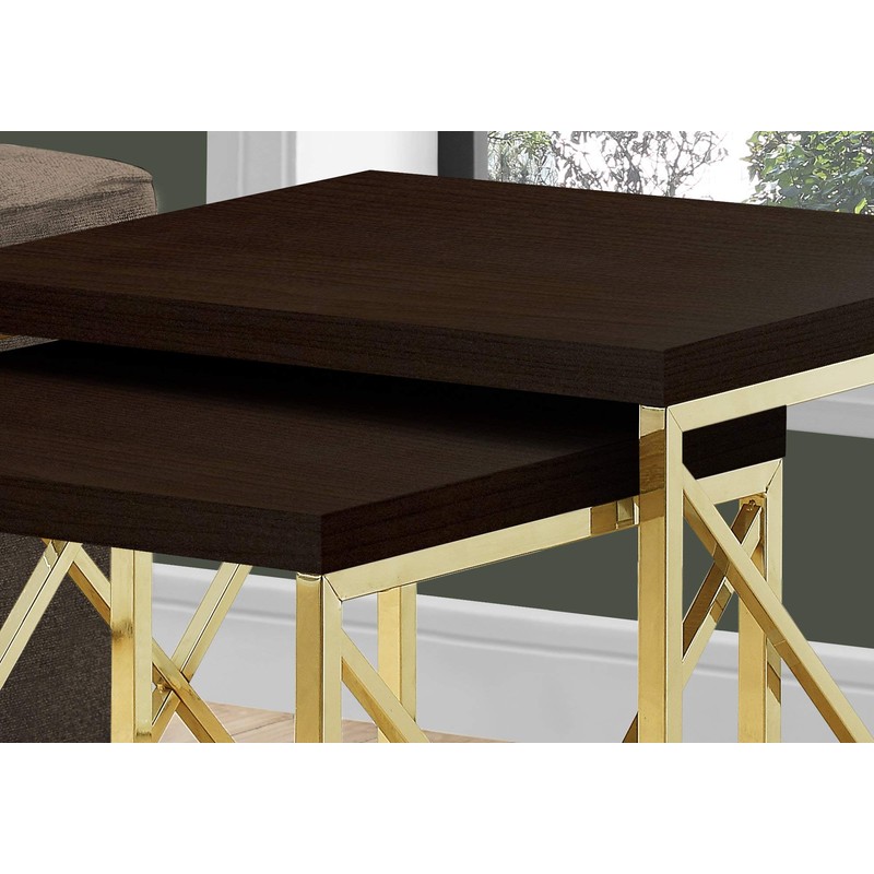 Monarch Specialties I TABLE-2PCS Set/Cappuccino/Gold Metal NESTING TABLE, Brown