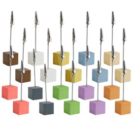 JINGIHE 20pcs Cube Base Table Number Holders, Wood Memo Clips Holder with Alligator Clip, Colorful Sticky Note Stand for Displaying Wedding Name Sign Place Card Photo Picture Menu